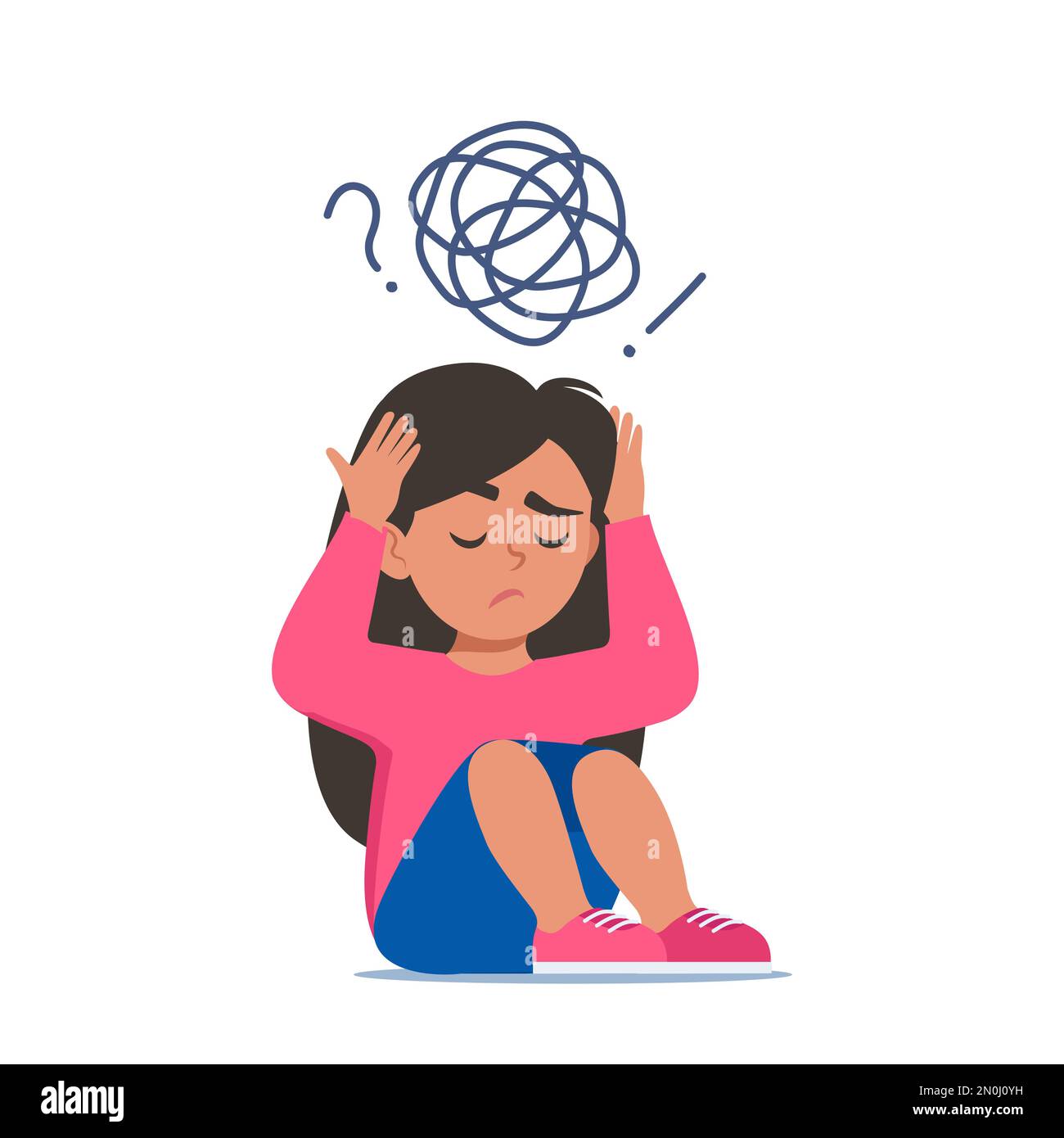 Sad girl sitting on floor surrounded by stream of anxious thoughts