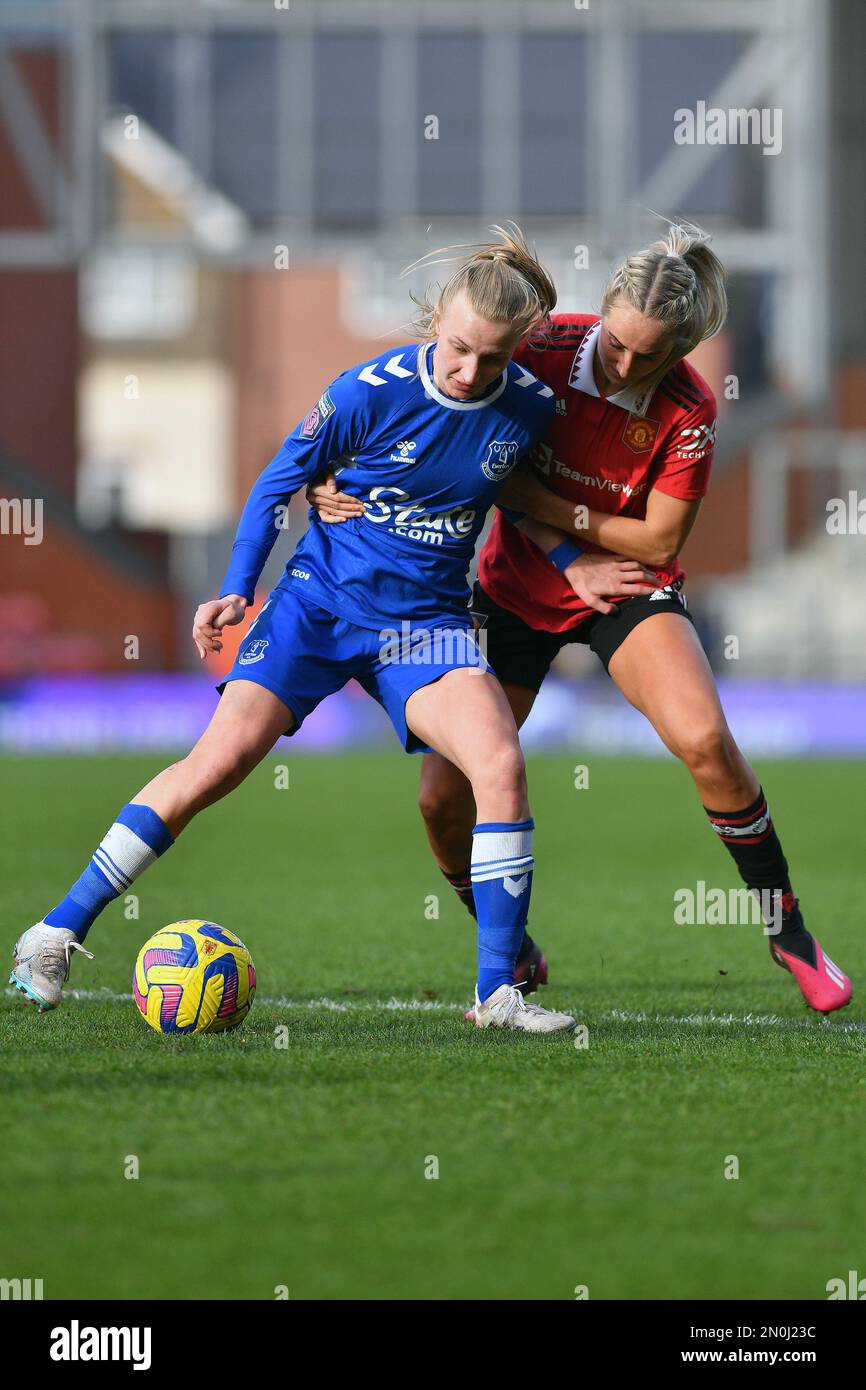 Leigh, UK. 5th February, 2023. Ona Batlle of Manchester United Women  Football Club tussles with Katja Snoeijs of Everton Womens Football Club  during the Barclays FA Women's Super League match between Manchester