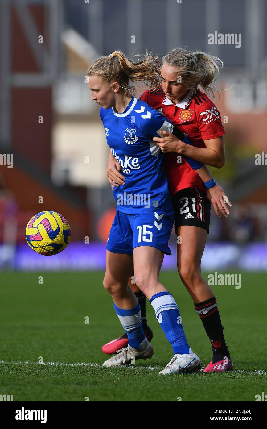 Leigh, UK. 5th February, 2023. Ona Batlle of Manchester United Women  Football Club tussles with Katja Snoeijs of Everton Womens Football Club  during the Barclays FA Women's Super League match between Manchester