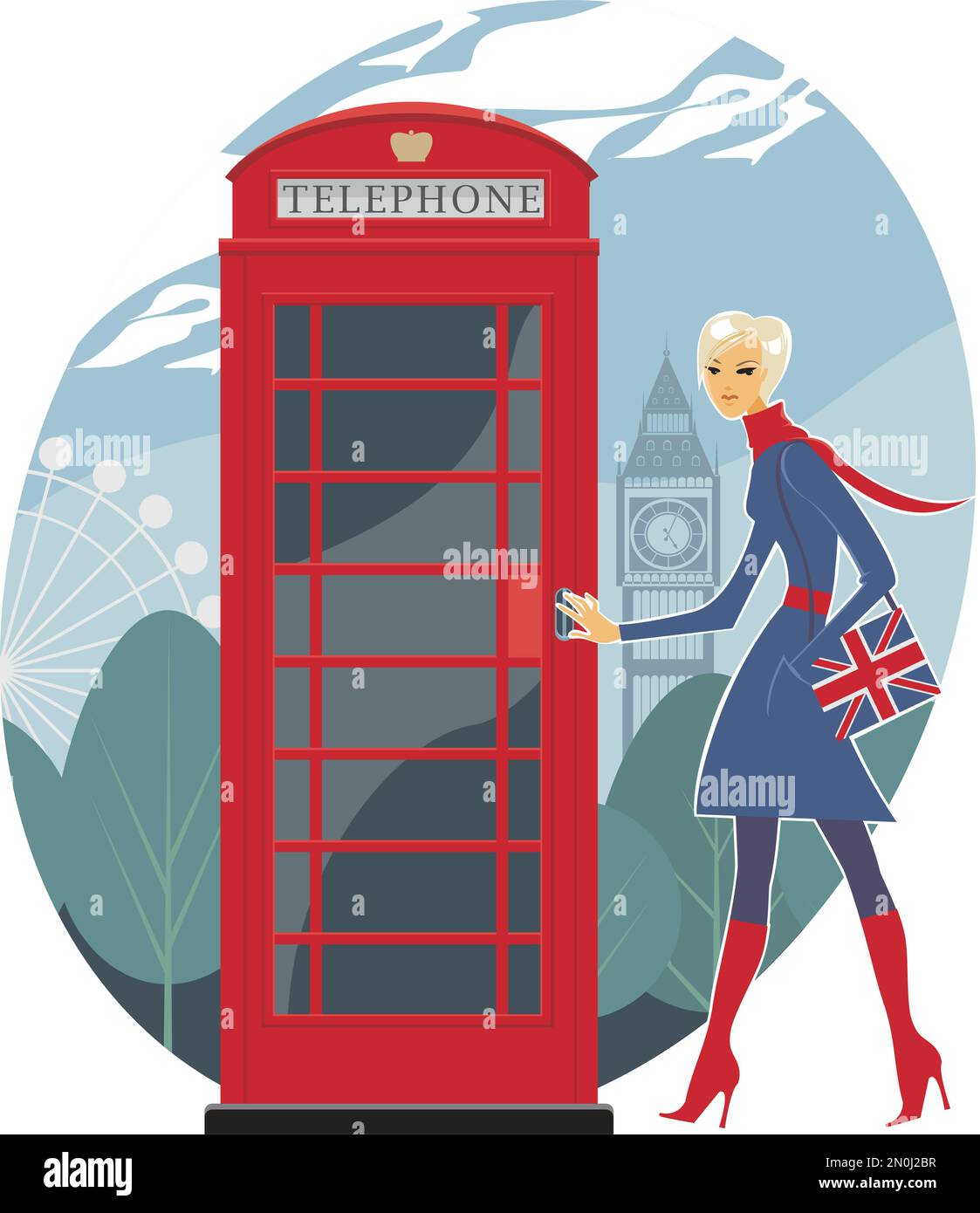 Young girl opening a red telephone booth in London. Flat vector illustration Stock Vector