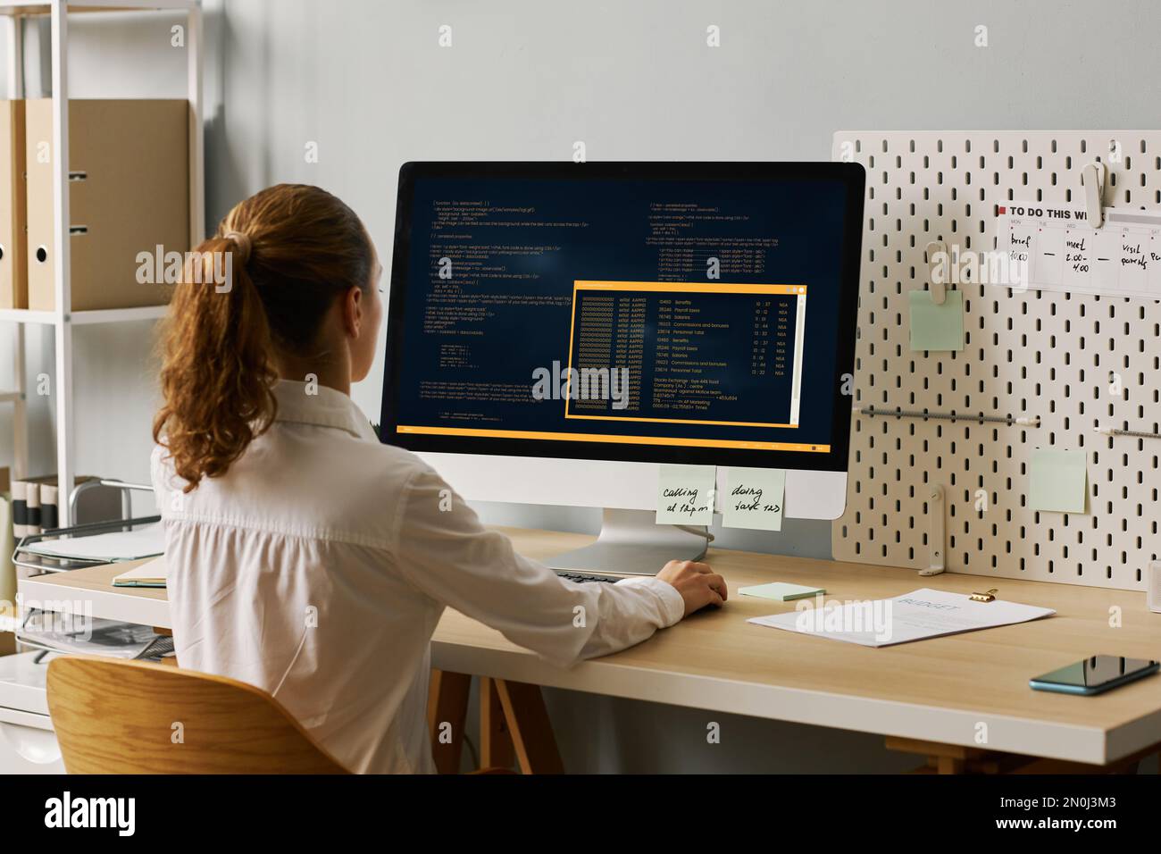 Back view of female programmer writing code while working at desk, copy space Stock Photo