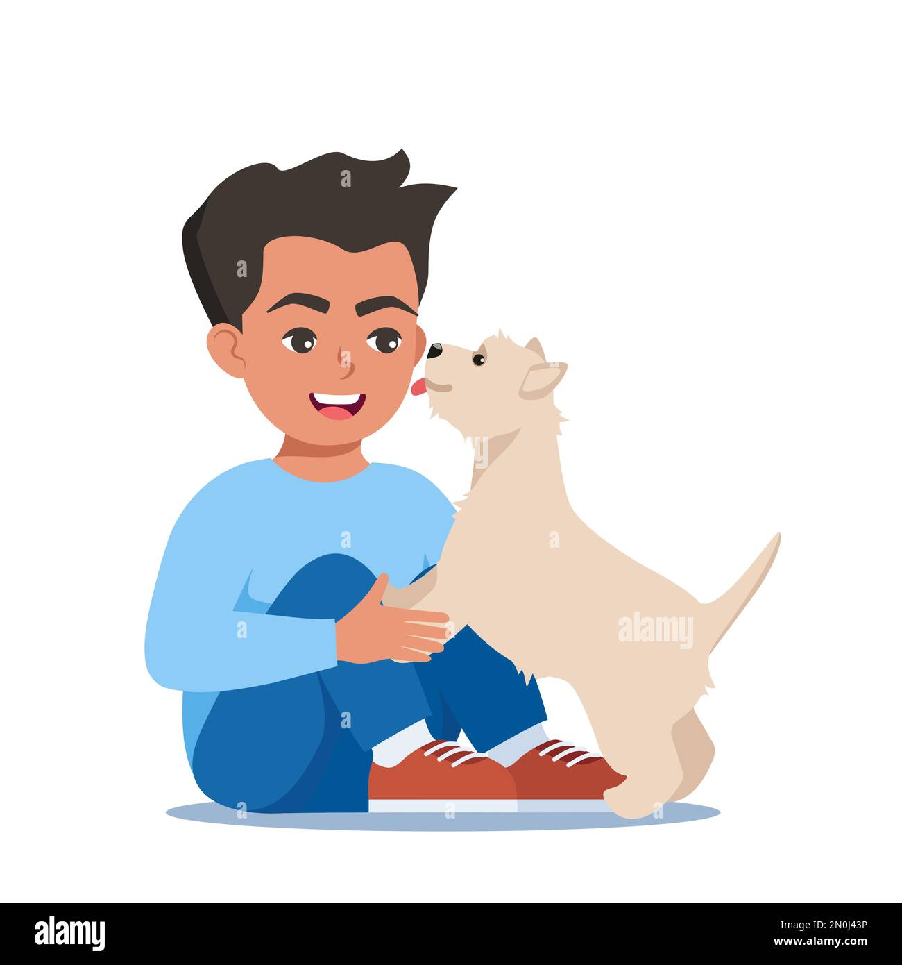 Cute puppy dog licking boy's face. Happy child hugging and petting a dog. Smiling kid sitting and embracing happy pet. Good friend. Vector illustratio Stock Vector