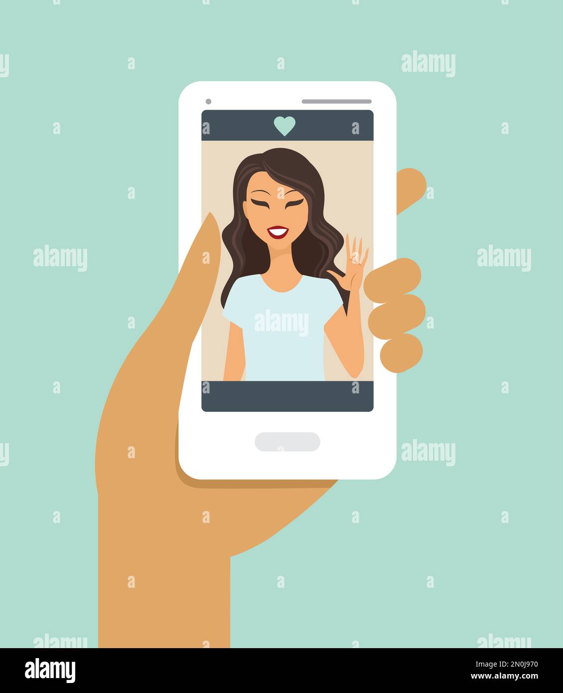 Closeup of a hand holding smartphone during a video call Stock Vector