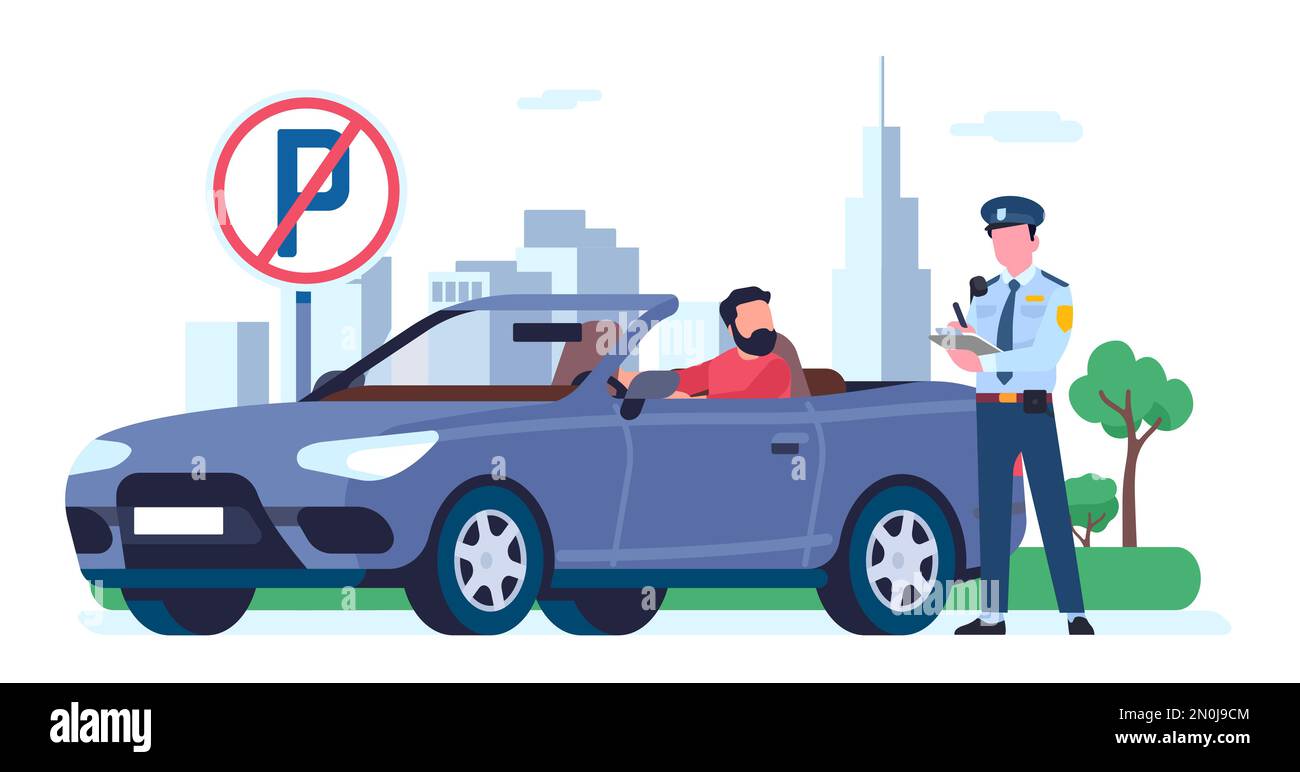 Police officer issues ticket to driver for illegal parking. Transport traffic rules violation. Prohibited road sign. Automobile stop regulation Stock Vector