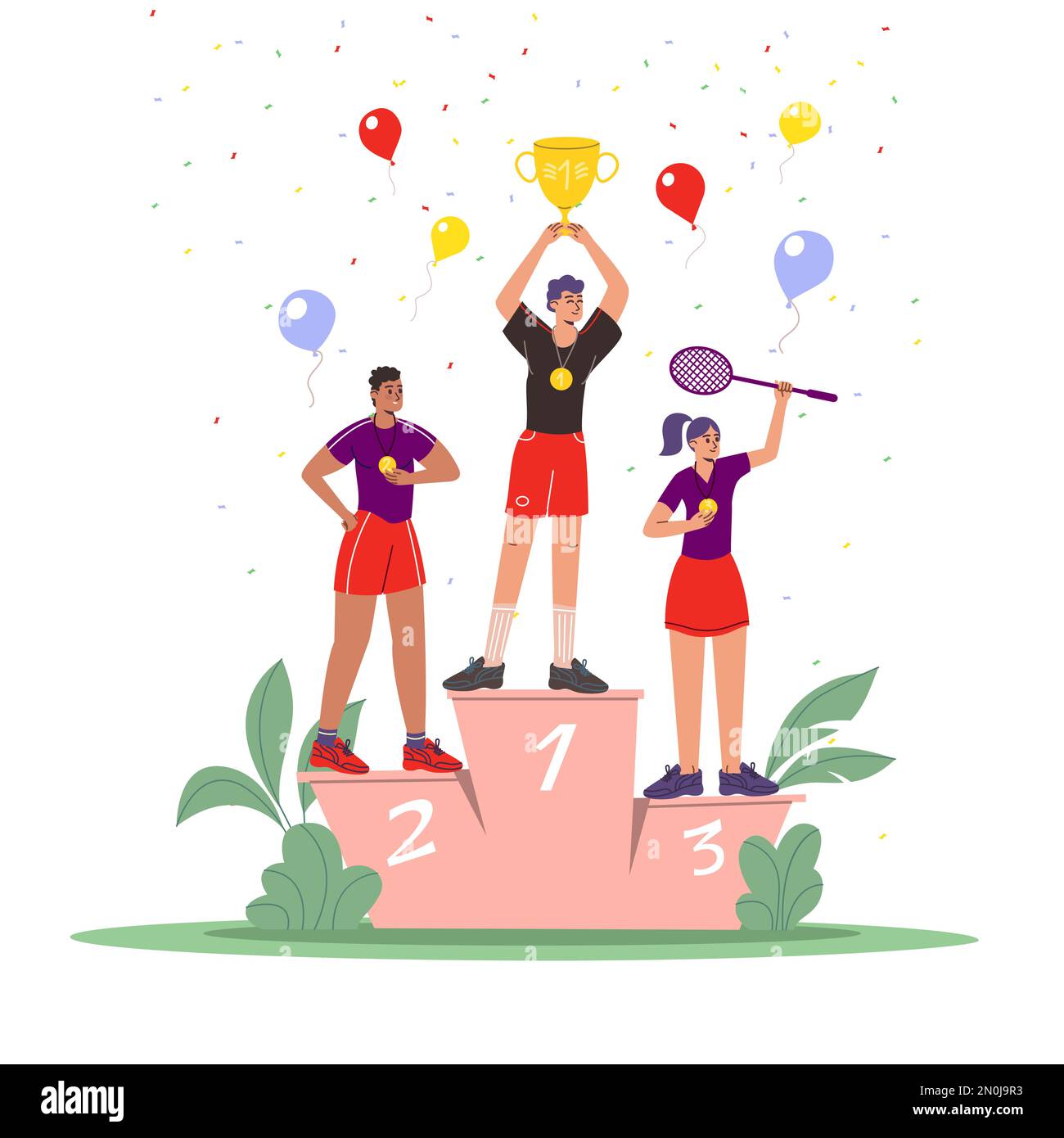 Winner ranking. People on podium with medals and gold cup. Award