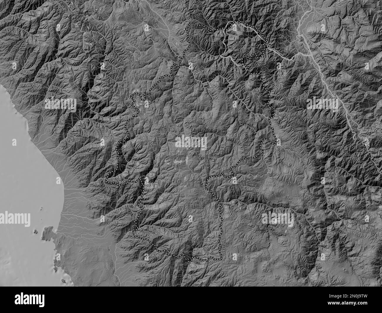 Huancavelica, region of Peru. Bilevel elevation map with lakes and rivers Stock Photo