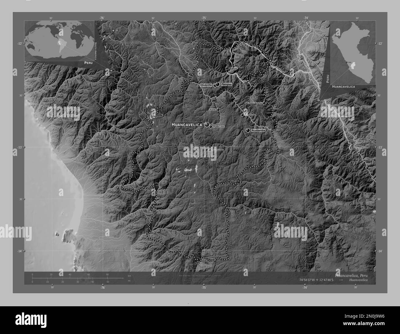Huancavelica, region of Peru. Grayscale elevation map with lakes and rivers. Locations and names of major cities of the region. Corner auxiliary locat Stock Photo