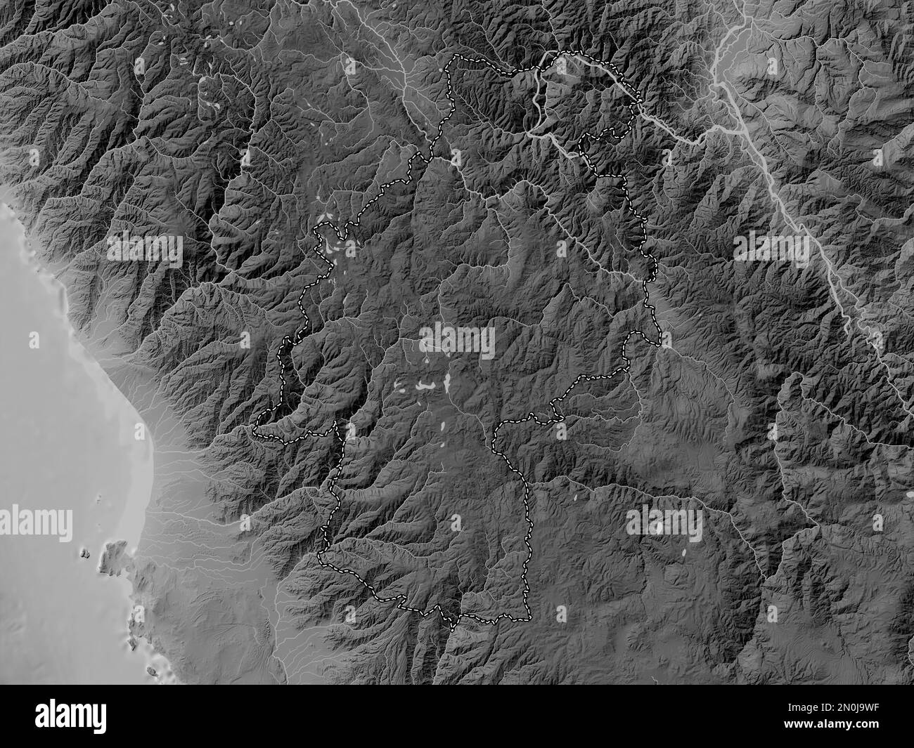 Huancavelica, region of Peru. Grayscale elevation map with lakes and rivers Stock Photo