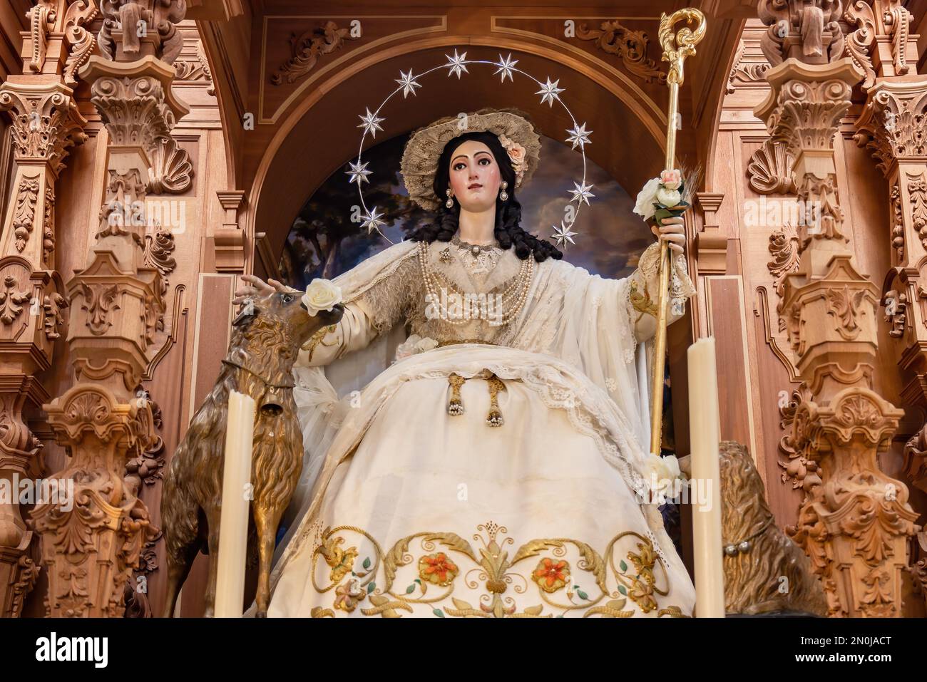 Image of Virgin Divina Pastora de Triana, Divine Shepherdess of Triana inside of The Royal Parish of Santa Ana (Saint Anne) in Seville, in the Triana Stock Photo