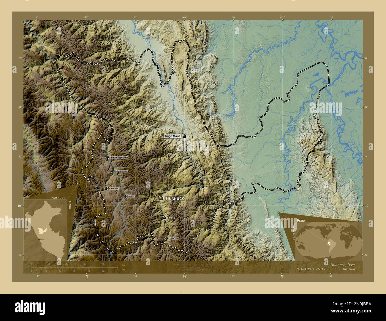 Huanuco, region of Peru. Colored elevation map with lakes and rivers