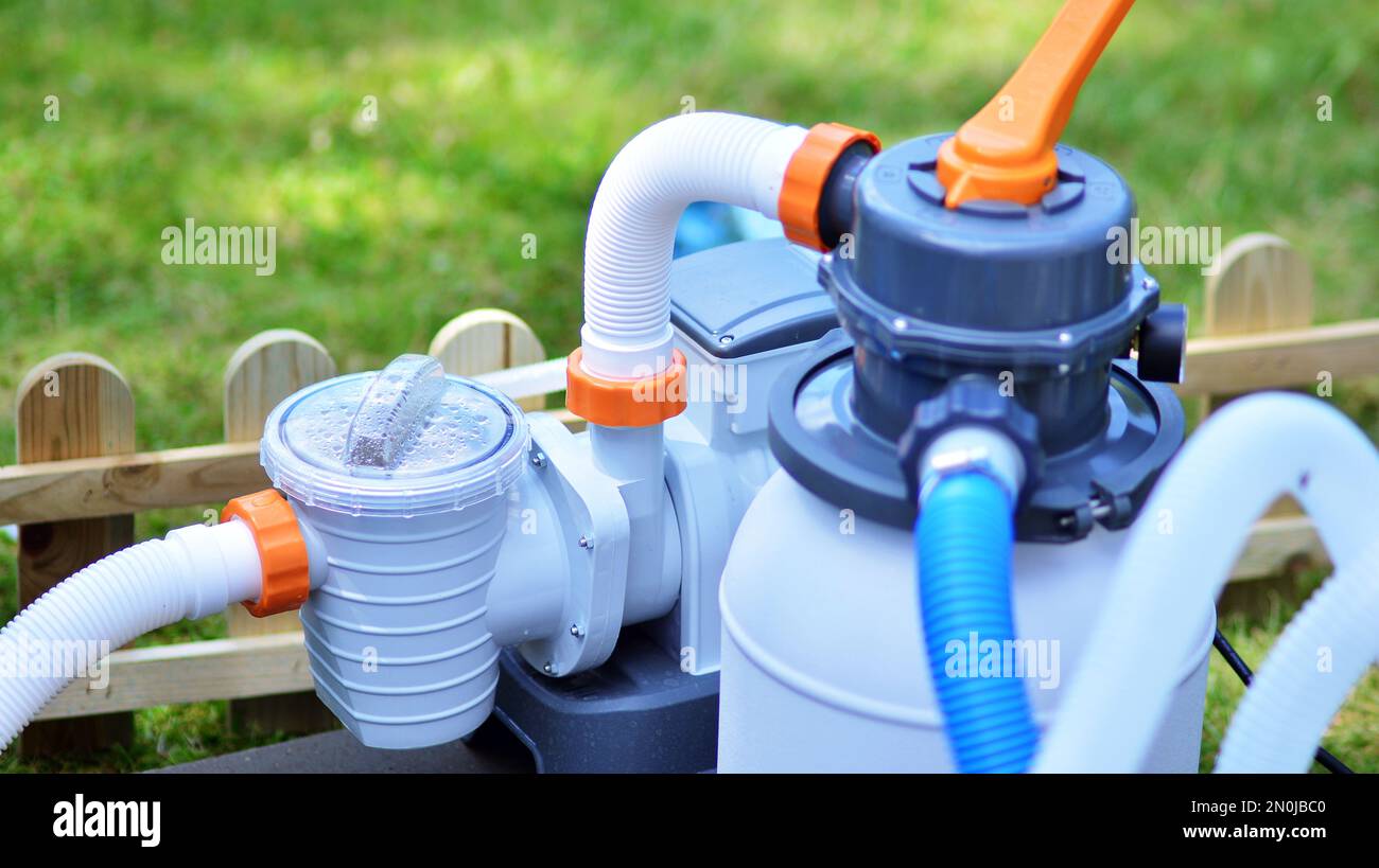 Pool water filtration system, outdoor sand pump. Maintaining the purity