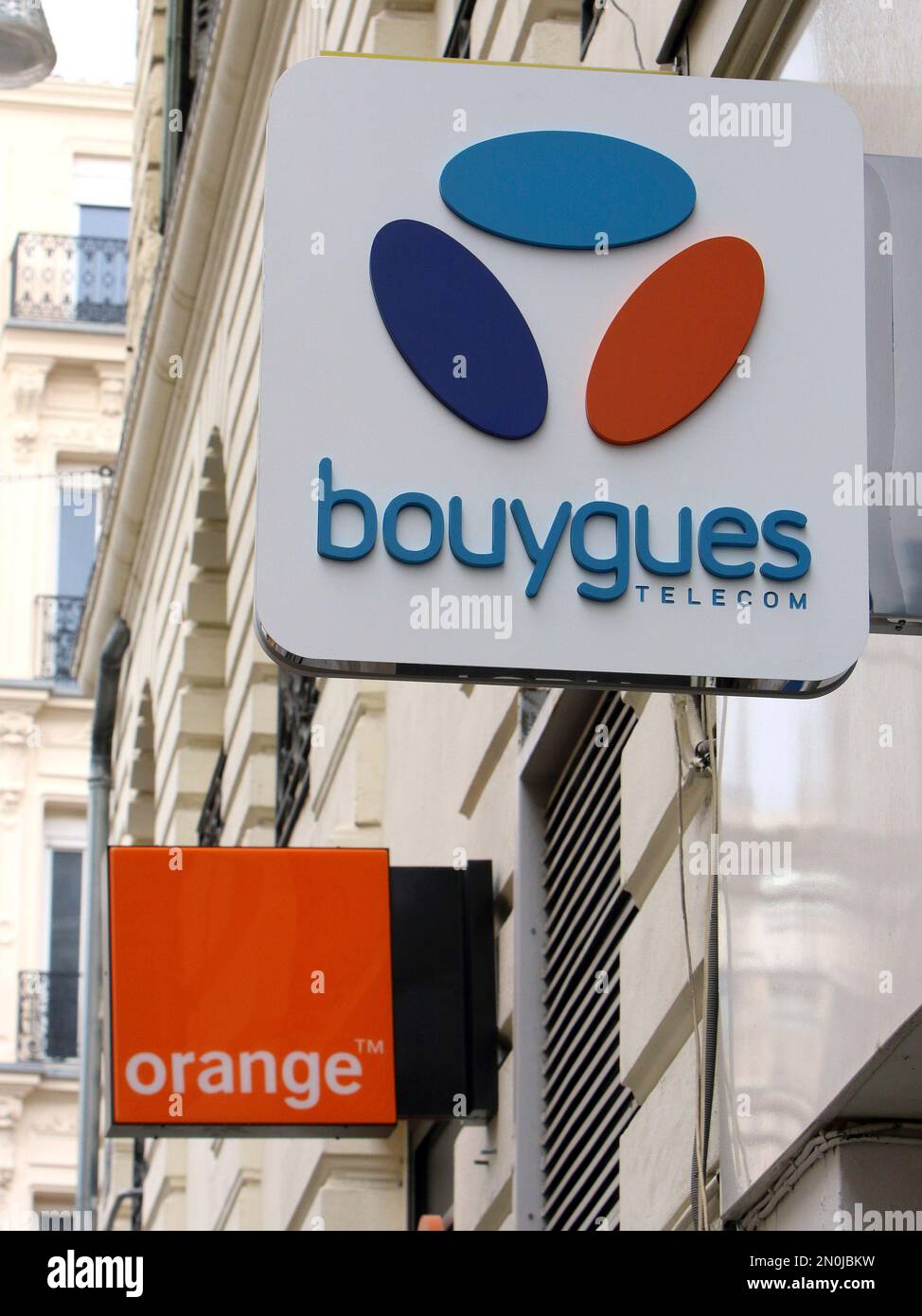 Orange and Bouygues mobile phones shops are pictured in Marseille, southern  France, Thursday, Jan. 7, 2016. Orange SA is in talks to acquire Bouygues  SA. French phone carriers have struggled to sustain