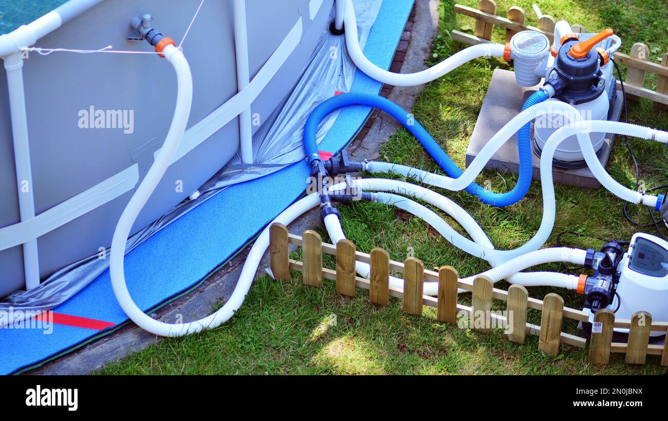 Pool water filtration system, outdoor sand pump. Maintaining the purity