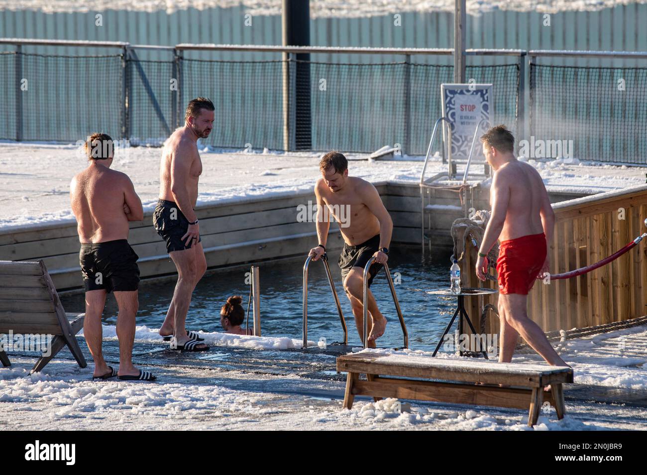 Winter swimming after sauna at Allas Sea Pool in Helsinki, Finland Stock Photo