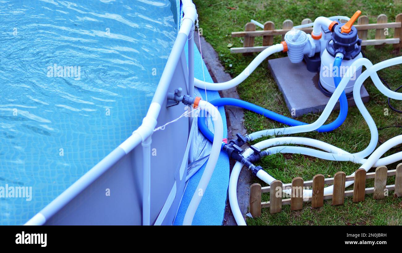 Pool water filtration system, outdoor sand pump. Maintaining the purity