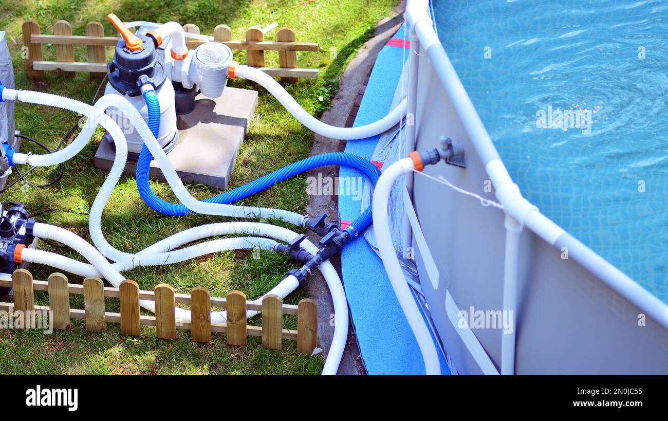 Pool water filtration system, outdoor sand pump. Maintaining the purity