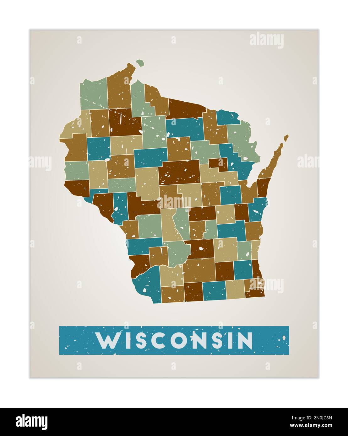 Wisconsin map. Us state poster with regions. Old grunge texture. Shape ...