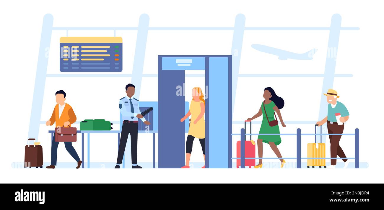 Passengers and tourists pass through gates with detectors at airport