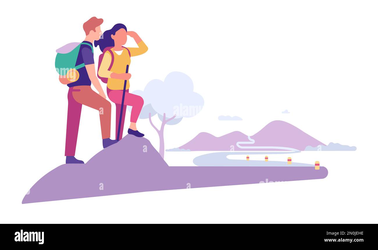 Young couple plan travel itinerary. Man and woman look off into distance. Hiking tourism. Tourists planning journey route. Mountain trekking Stock Vector