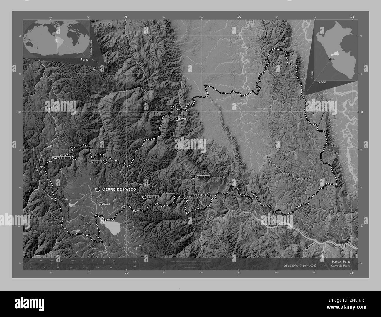 Pasco, region of Peru. Grayscale elevation map with lakes and rivers. Locations and names of major cities of the region. Corner auxiliary location map Stock Photo