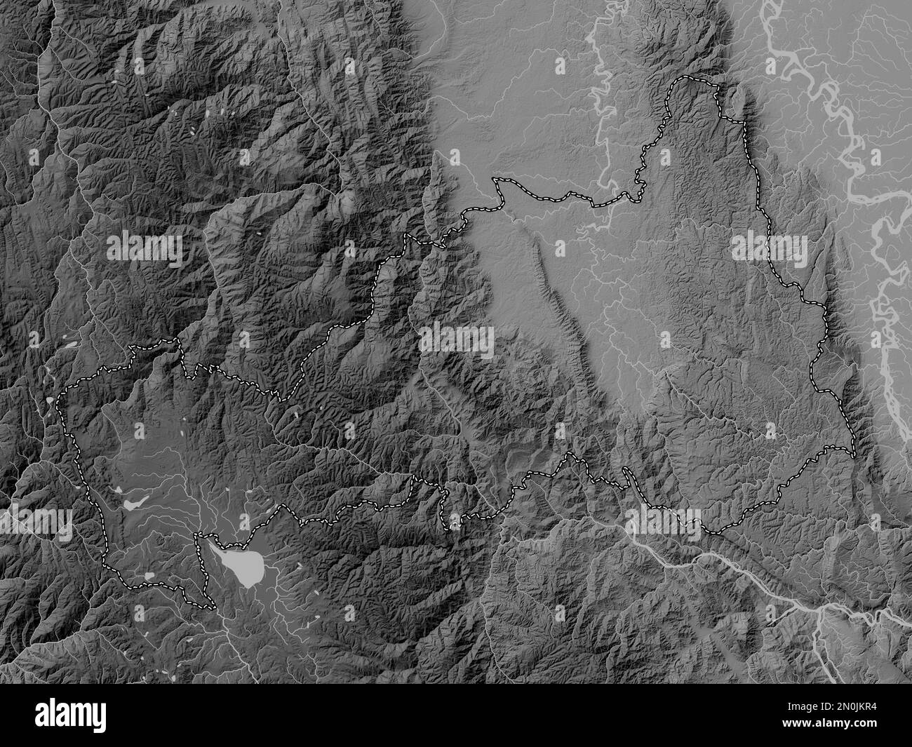 Pasco, region of Peru. Grayscale elevation map with lakes and rivers Stock Photo