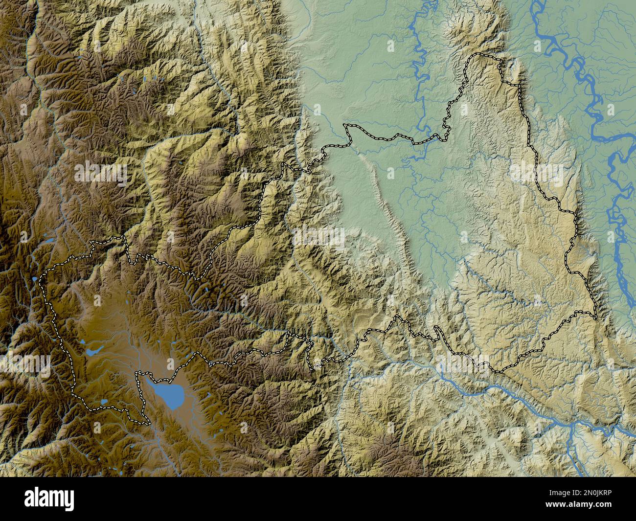 Pasco, region of Peru. Colored elevation map with lakes and rivers Stock Photo