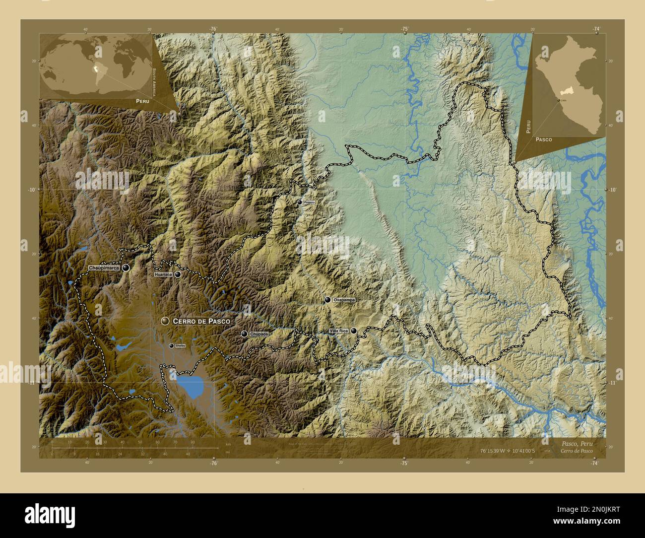 Pasco, region of Peru. Colored elevation map with lakes and rivers. Locations and names of major cities of the region. Corner auxiliary location maps Stock Photo