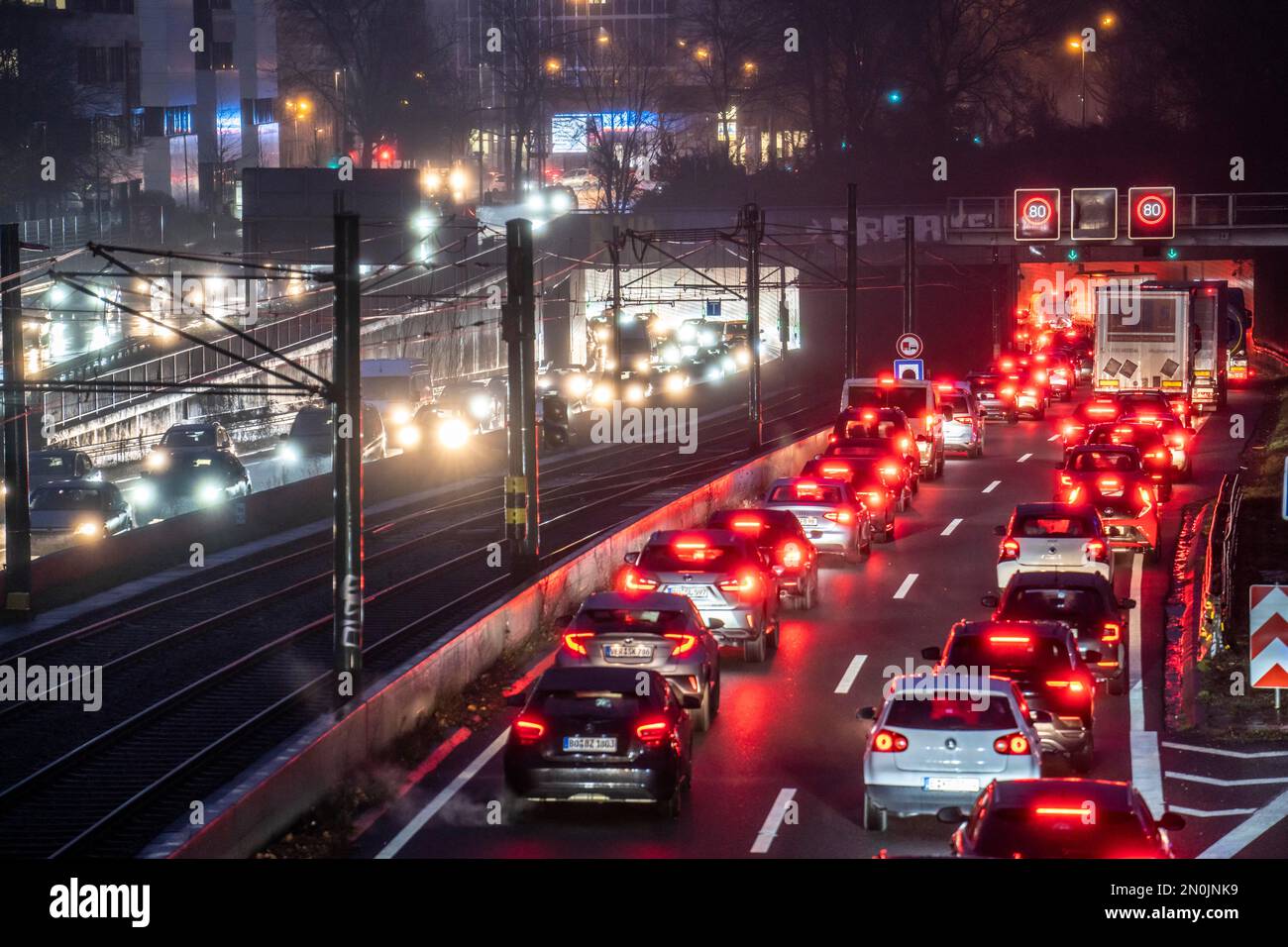 Traffic jam on the A40 motorway, Ruhrschnellweg, in Essen, before the Ruhrschnellweg tunnel, NRW, Germany, Stock Photo