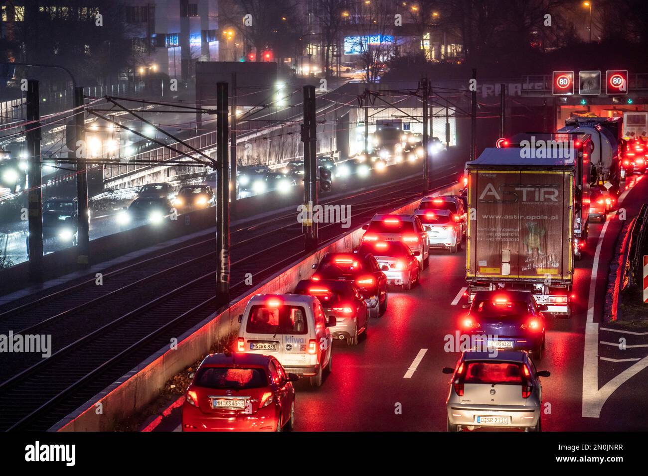 Traffic jam on the A40 motorway, Ruhrschnellweg, in Essen, before the Ruhrschnellweg tunnel, NRW, Germany, Stock Photo