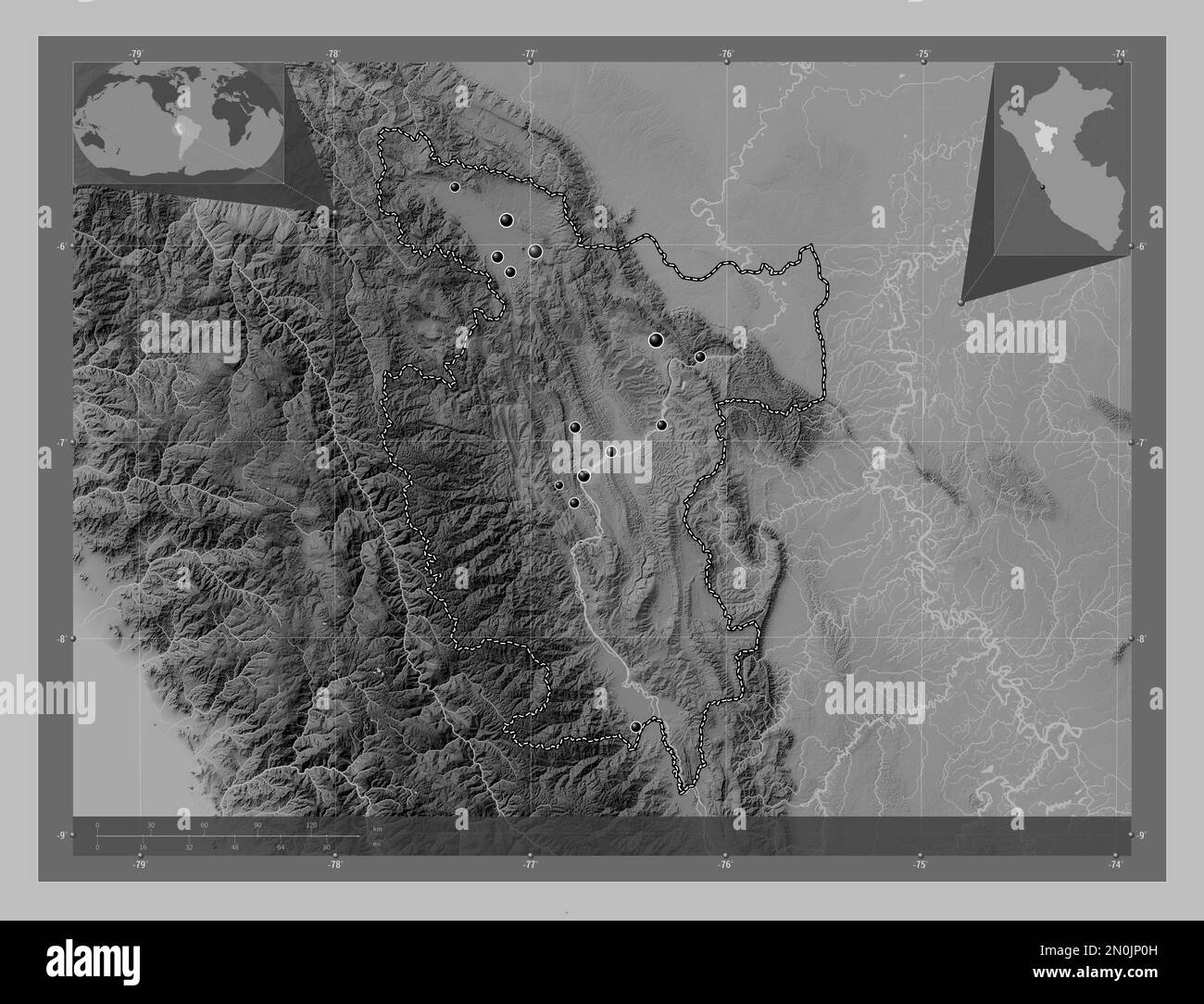 San Martin, region of Peru. Grayscale elevation map with lakes and rivers. Locations of major cities of the region. Corner auxiliary location maps Stock Photo