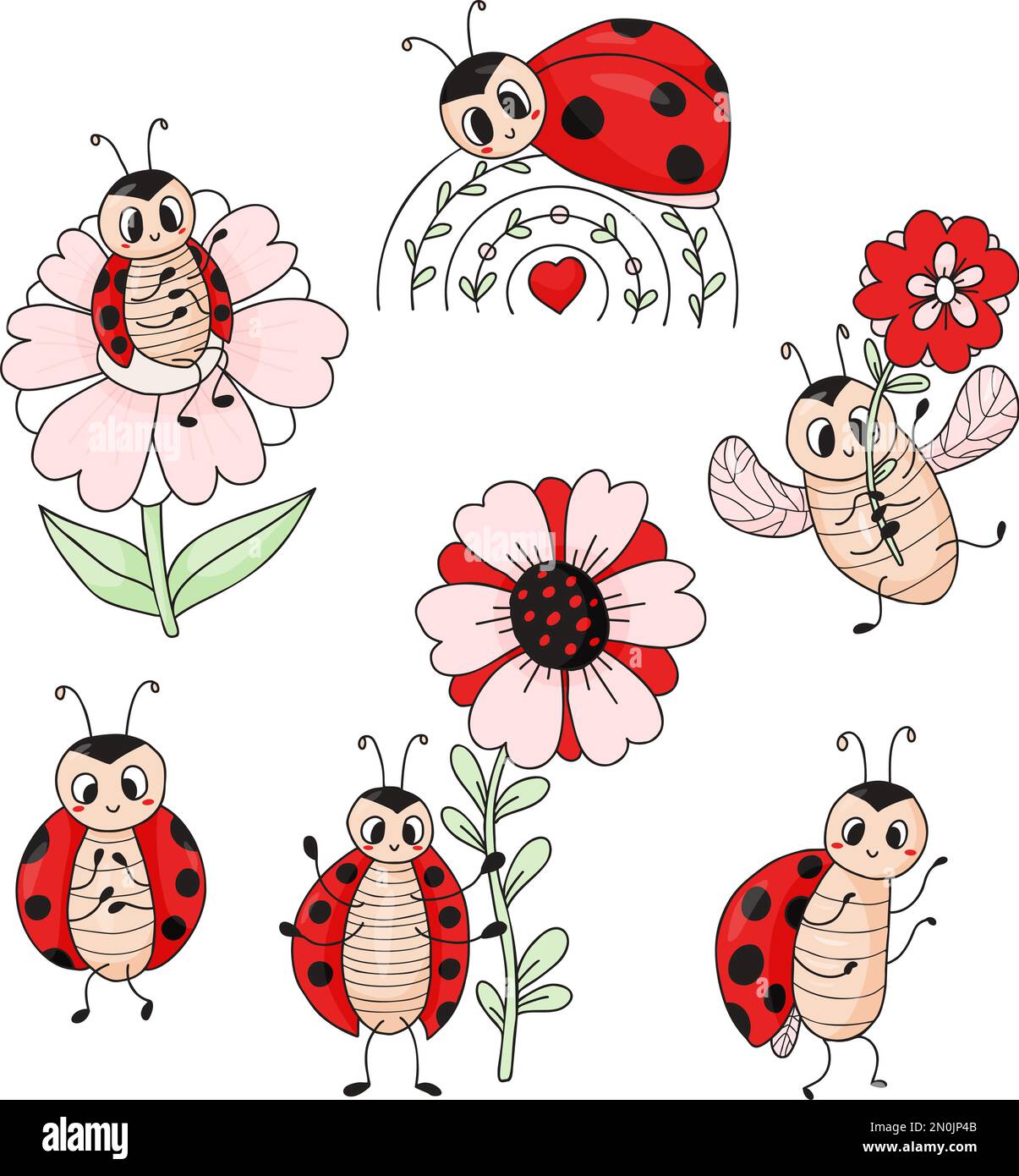 Collection of ladybugs. Cute little ladybird with flower and on ...