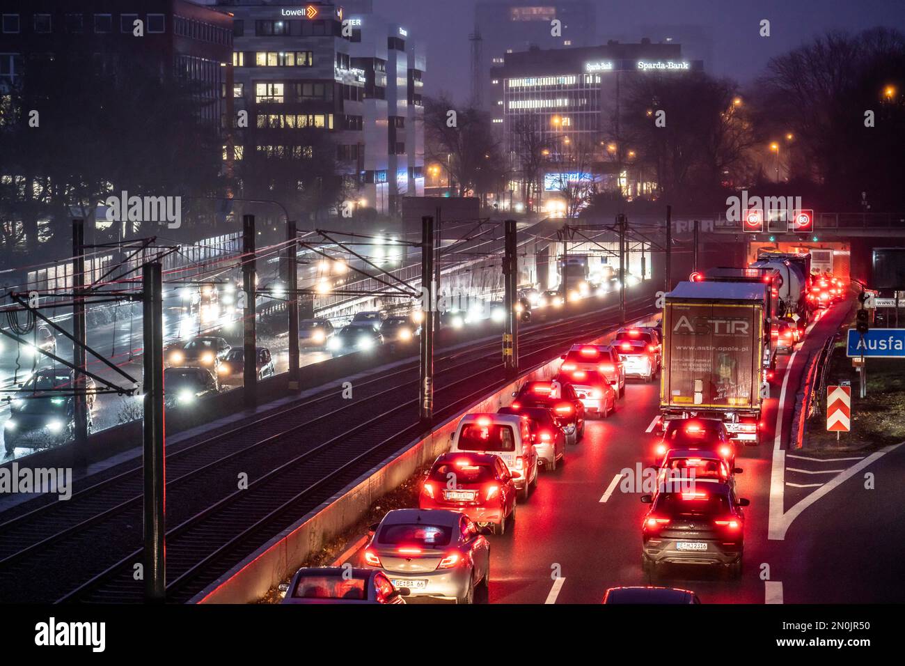 Traffic jam on the A40 motorway, Ruhrschnellweg, in Essen, before the Ruhrschnellweg tunnel, NRW, Germany, Stock Photo