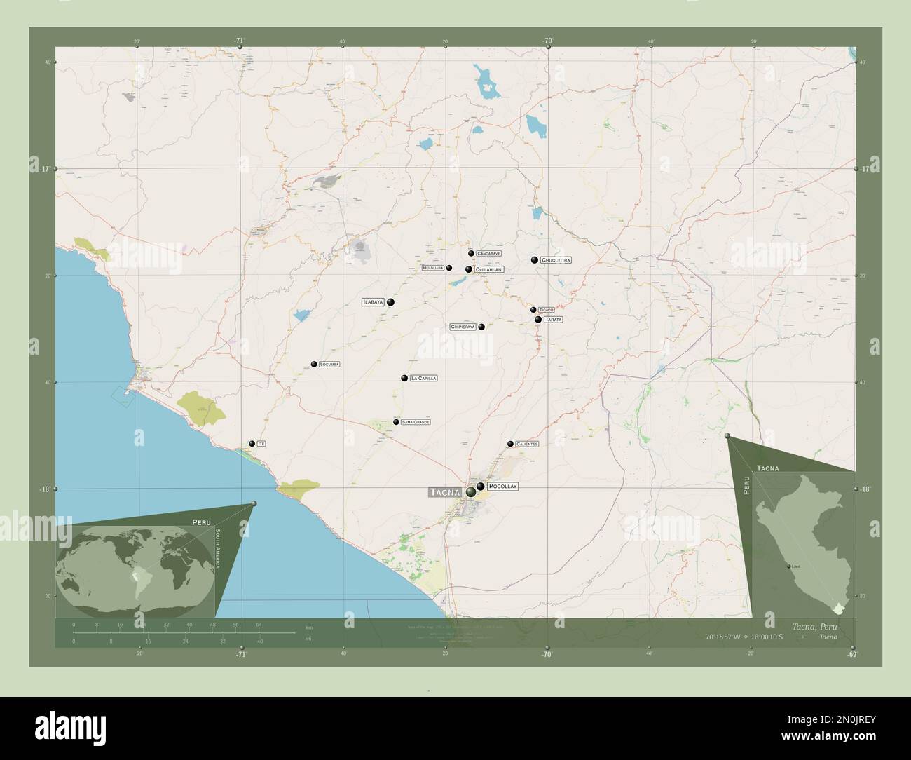 Tacna, region of Peru. Open Street Map. Locations and names of major