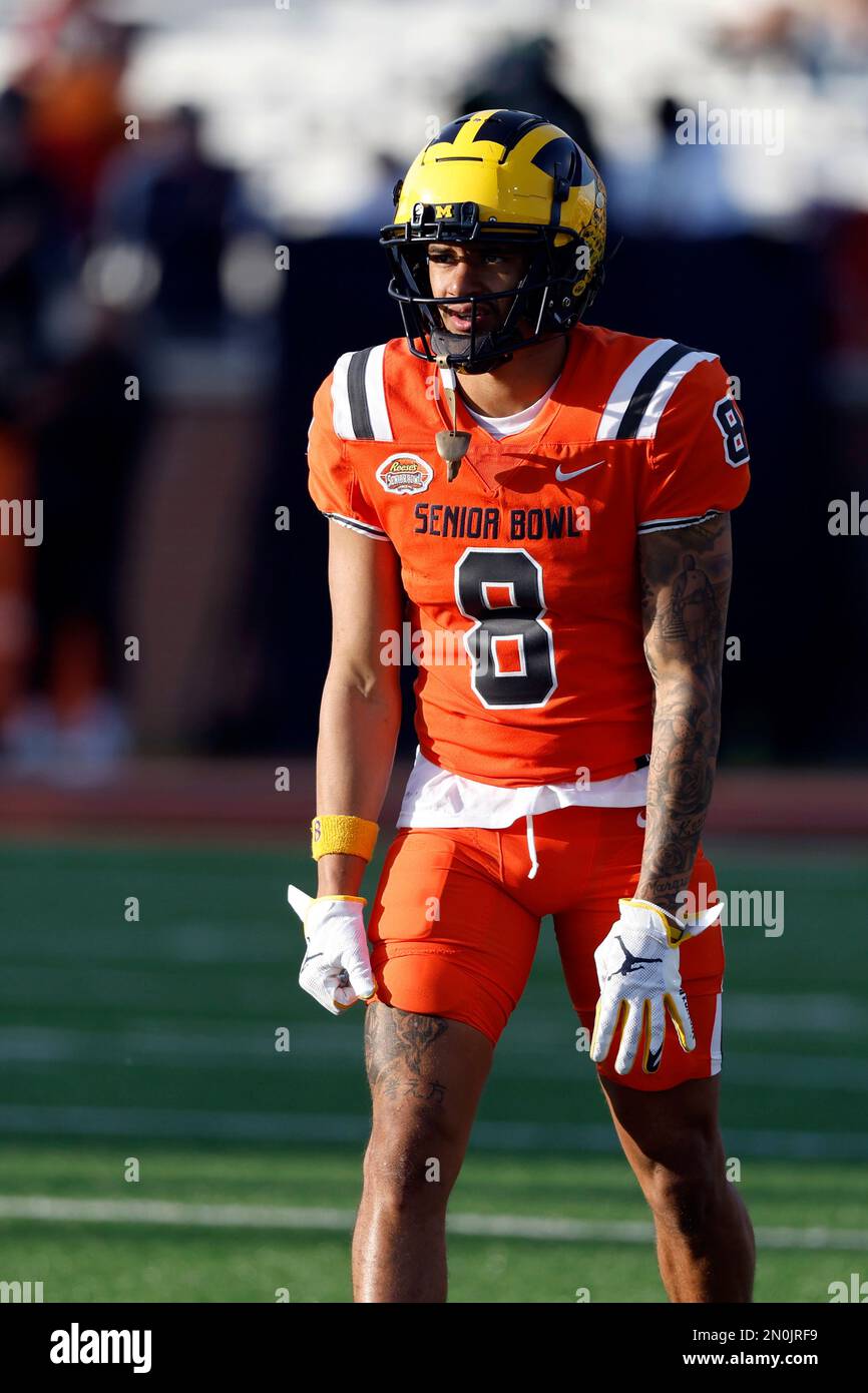 National wide receiver Ronnie Bell of Michigan (8) during the second half  of the Senior Bowl NCAA college football game Saturday, Feb. 4, 2023, in  Mobile, Ala.. (AP Photo/Butch Dill Stock Photo - Alamy