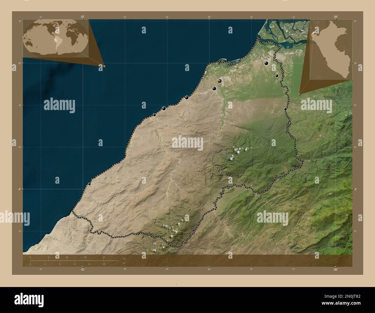 Tumbes, region of Peru. Low resolution satellite map. Locations of