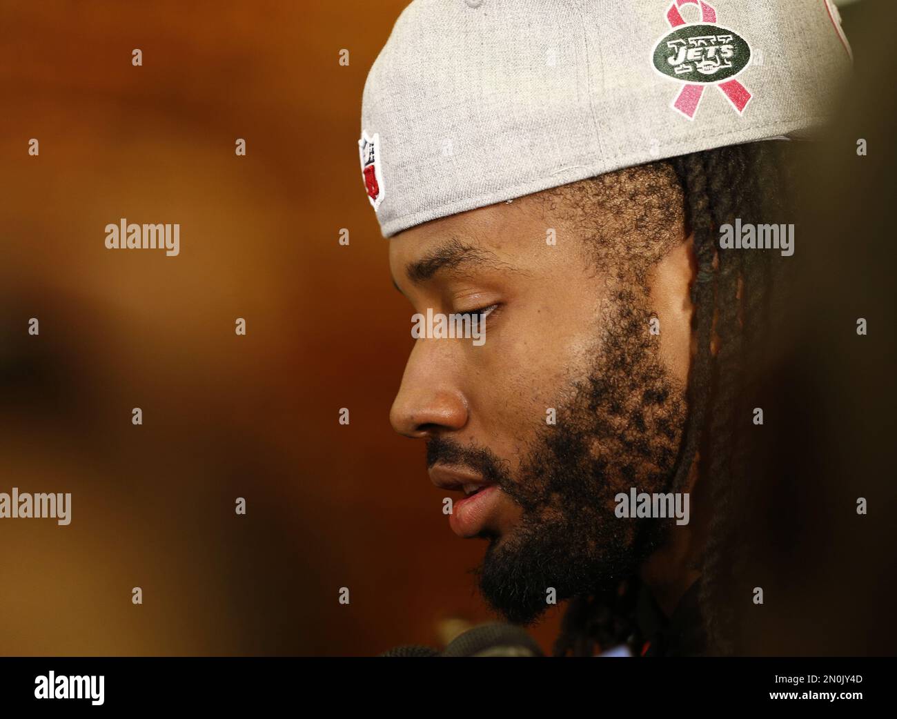 New York Jets cornerback Marcus Williams talks to the media as the team
