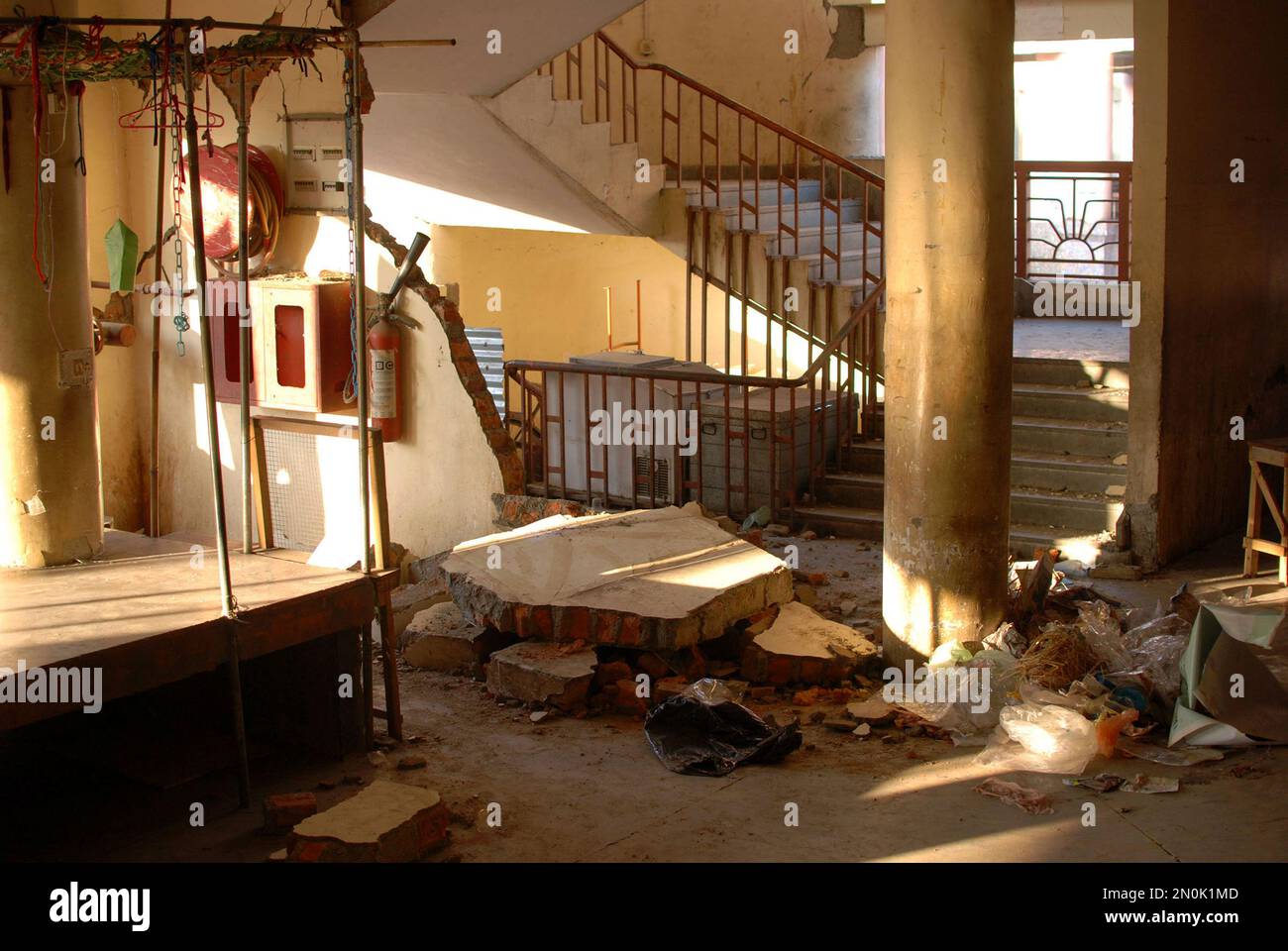 The interior of a market is seen damaged in an earthquake in Imphal