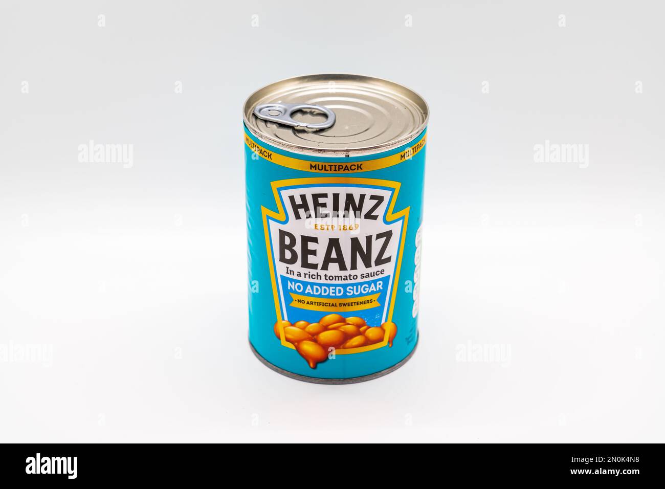 Wolverhampton, England - February 4 2023: A closeup of a UK can of Heinz baked beans isollated on a white background Stock Photo