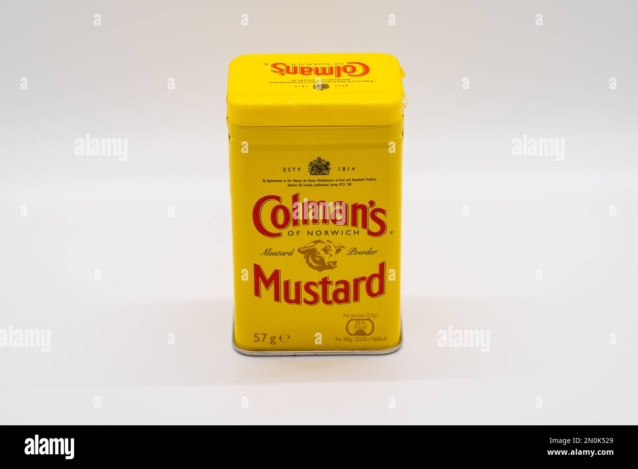 Wolverhampton, England - February 4 2023: Coleman's Mustard a Uk based mustard isolated on a white background Stock Photo