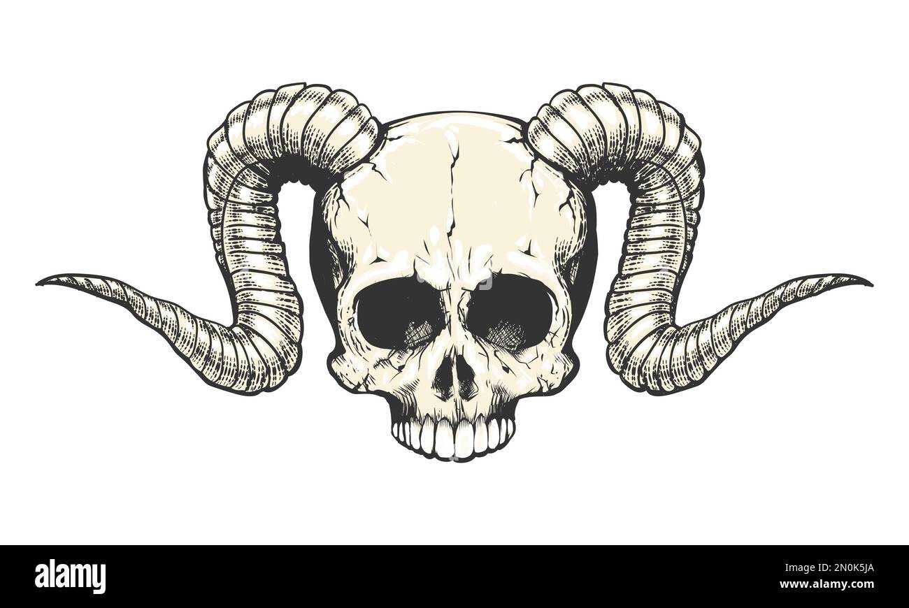 Tattoo of Human Skull with Ram Horns isolated on white. Vector illustration Stock Vector