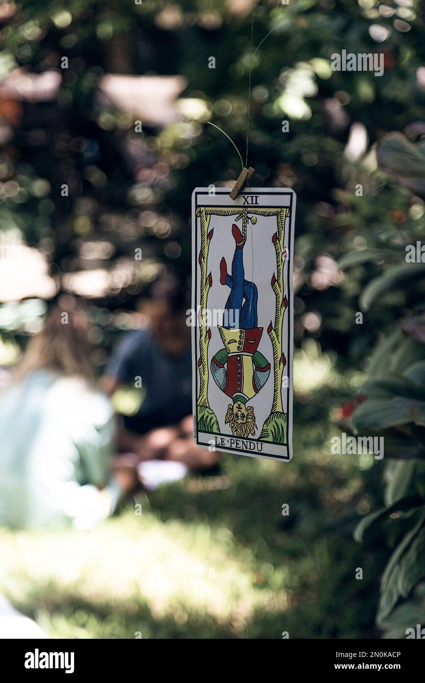 Tarot cards displayed in the open air. Astrology and tarotism. Stock Photo