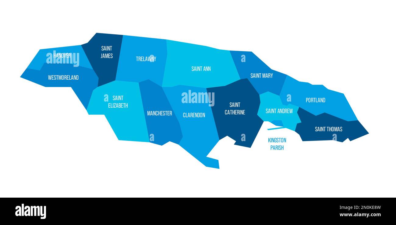 Jamaica political map of administrative divisions parishes. Flat blue