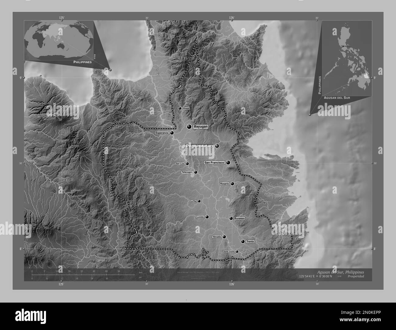 Agusan del Sur, province of Philippines. Grayscale elevation map with lakes and rivers. Locations and names of major cities of the region. Corner auxi Stock Photo