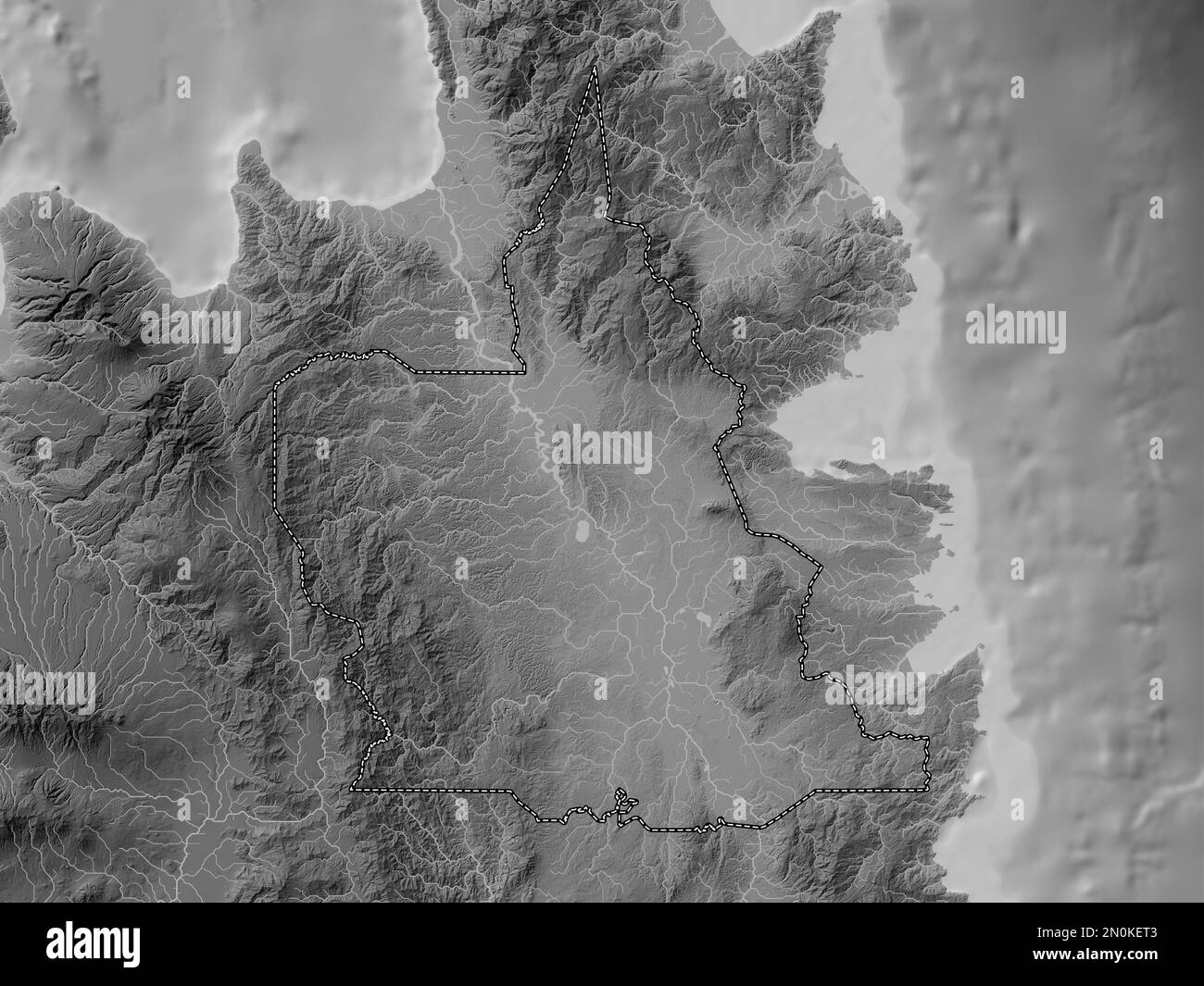 Agusan del Sur, province of Philippines. Grayscale elevation map with lakes and rivers Stock Photo