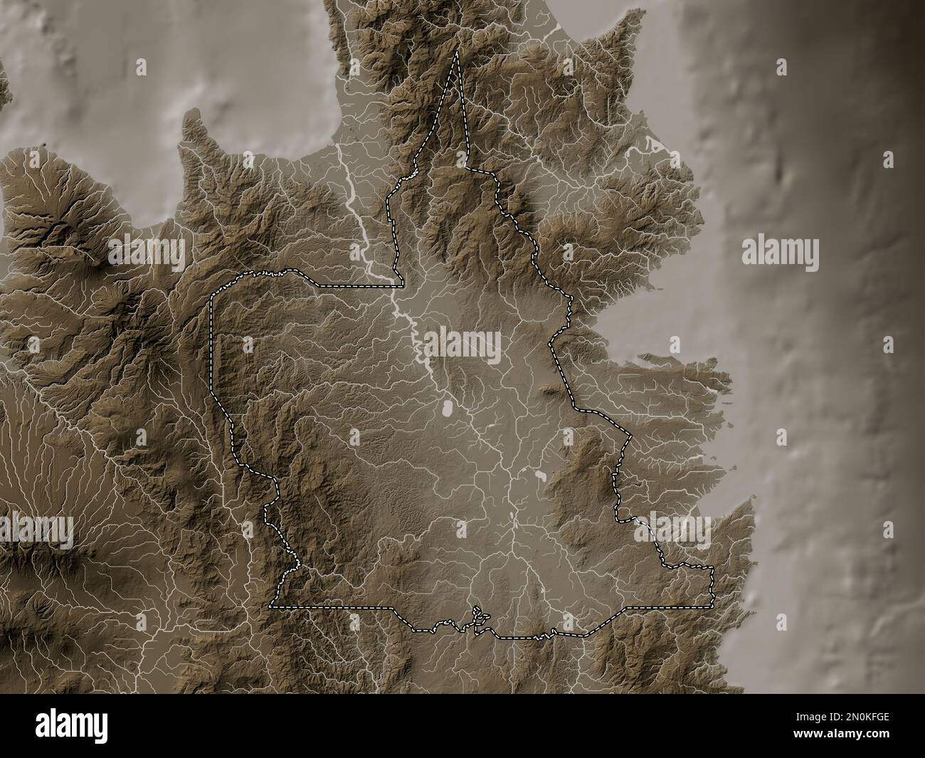 Agusan del Sur, province of Philippines. Elevation map colored in sepia tones with lakes and rivers Stock Photo