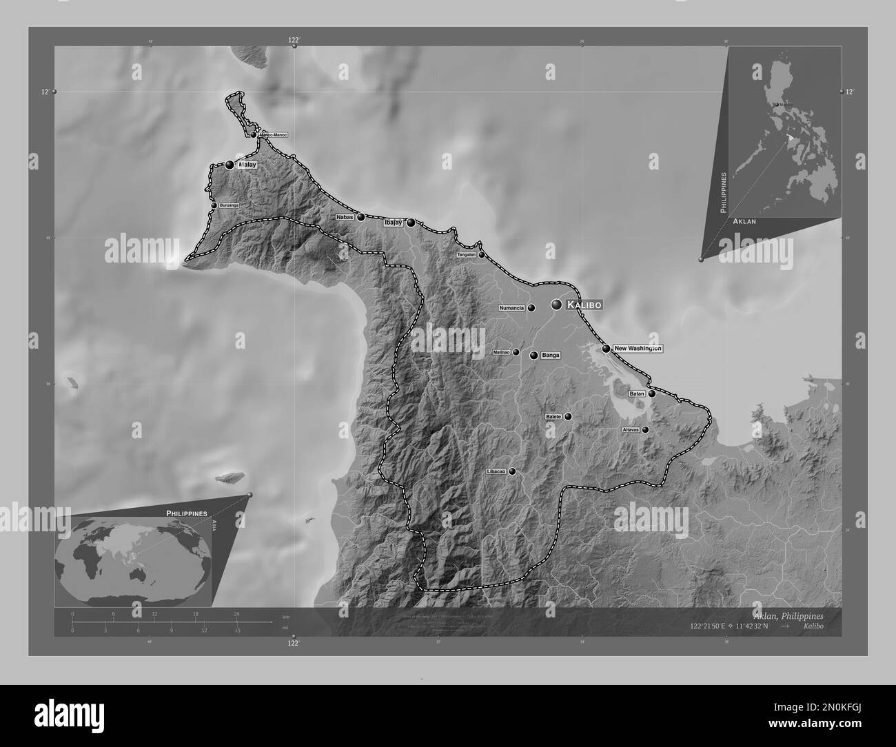 Aklan, province of Philippines. Grayscale elevation map with lakes and rivers. Locations and names of major cities of the region. Corner auxiliary loc Stock Photo