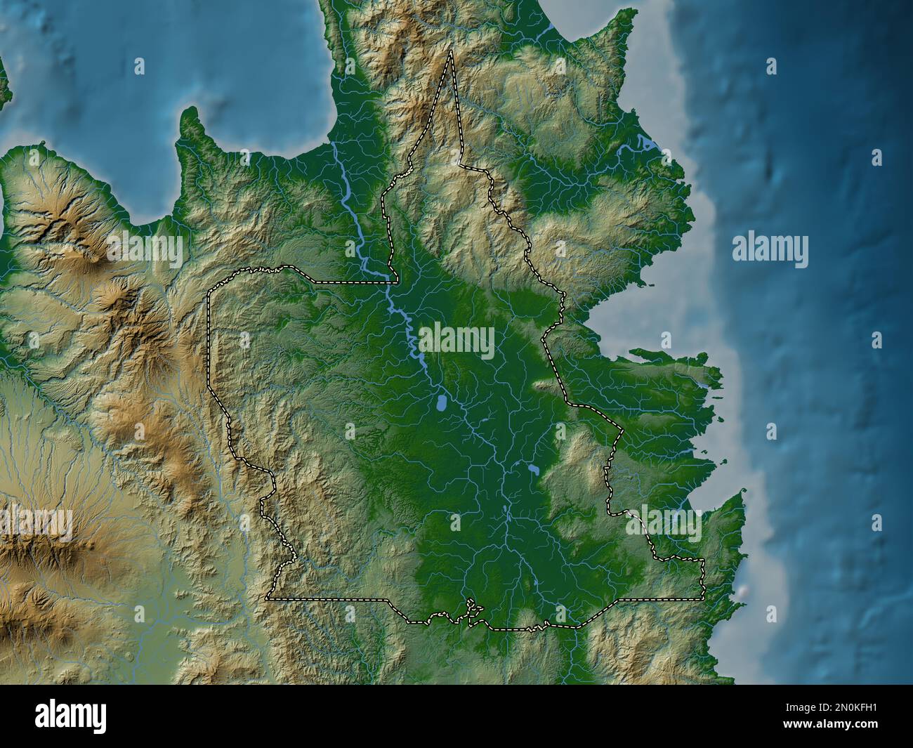 Agusan del Sur, province of Philippines. Colored elevation map with lakes and rivers Stock Photo