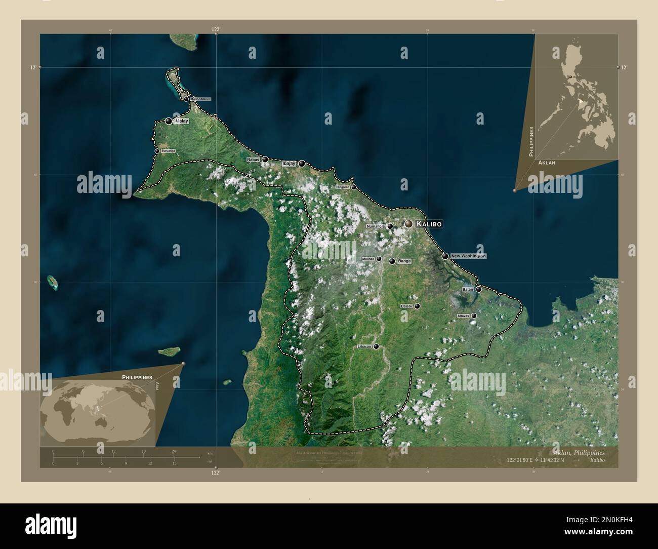Aklan, province of Philippines. High resolution satellite map. Locations and names of major cities of the region. Corner auxiliary location maps Stock Photo