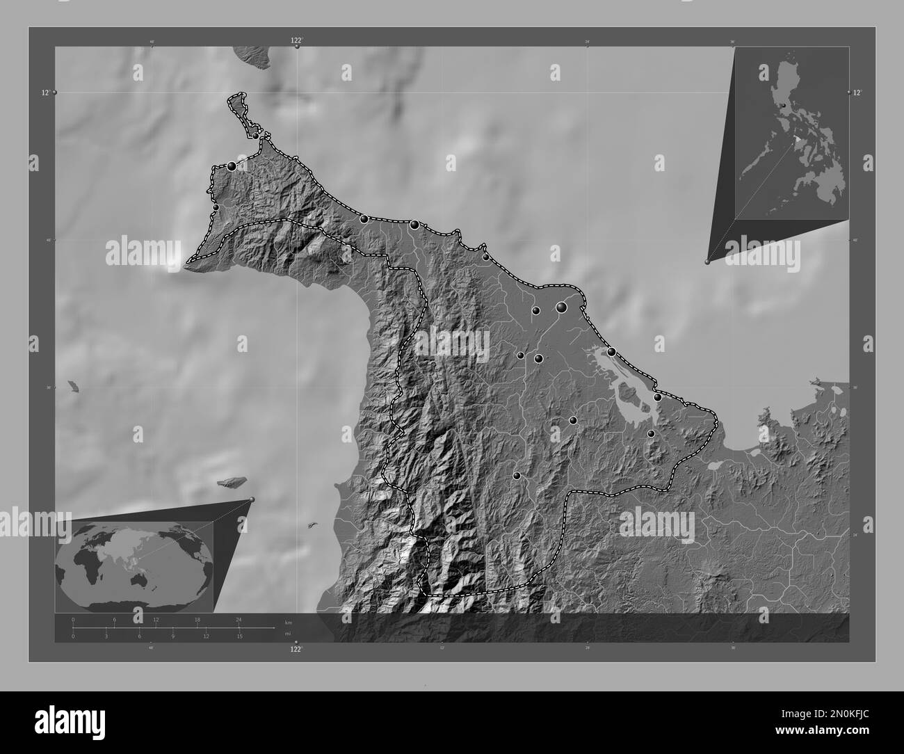 Aklan, province of Philippines. Bilevel elevation map with lakes and rivers. Locations of major cities of the region. Corner auxiliary location maps Stock Photo