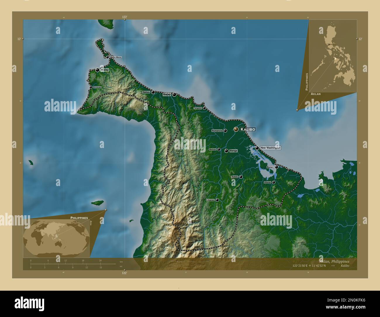 Aklan, province of Philippines. Colored elevation map with lakes and rivers. Locations and names of major cities of the region. Corner auxiliary locat Stock Photo